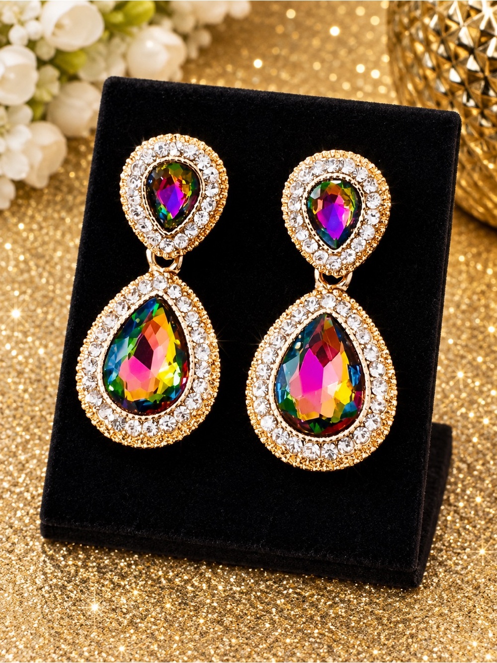 Multi-Color Teardrop Crystal Drop Earrings - Gold